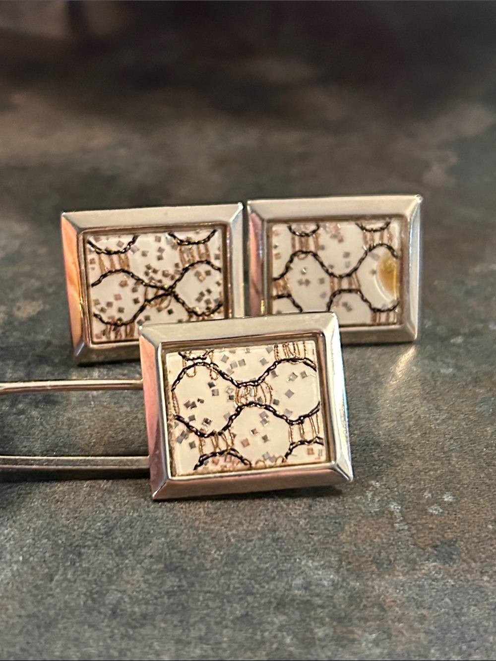 Vintage  White Patterned Cufflink and Tie Pin Set